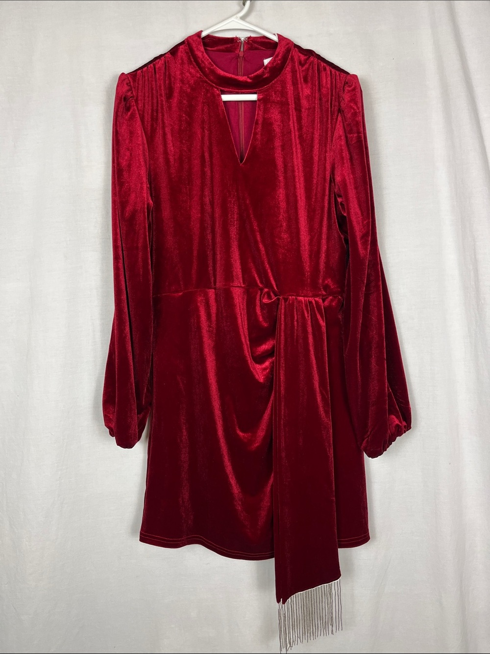 NWT Rachel Parcell Deep Red Stretch Velvet V Neck Long Sleeve Mini Dress